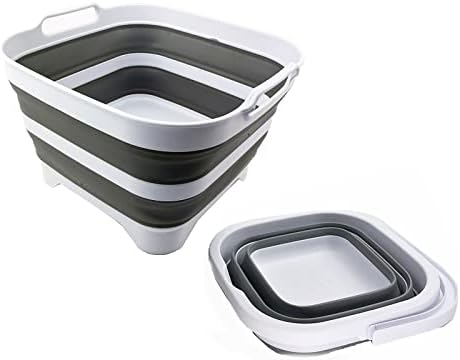 SAMMART 2 pcs. Camping Set : Collapsible Bucket + Portable Dishpan with Draining Plug (Grey, 5L Bucket+10L Dishpan)
