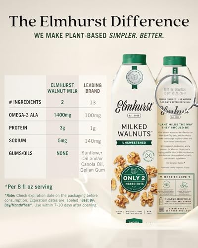 Elmhurst 1925 Unsweetened Walnut Milk - 32 Ounce (Pack of 6) Dairy-Free, Gluten-Free, Vegan, Kosher, Shelf Stable Milk Made with Water & Walnuts for Healthier, Simpler Plant-Based Alternatives