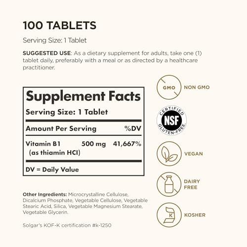 Solgar Vitamin B1 (Thiamin) 500 mg, 100 Tablets - Energy Metabolism, Healthy Nervous System, Overall Well-Being - Super Potency - Non-GMO, Vegan, Gluten Free, Dairy Free - 100 Servings