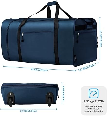Finnhomy 100L Foldable Rolling Duffel Bag with 2 Wheels, Light Weight Travel Duffel bag with Large Loading Capacity, 32 inch Rolling Duffel bag with Shoulder Strap for Travel Camping Sports, Dark Blue