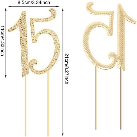 Honbay 15 Birthday Cake Topper Sparkly Bling Alloy Crystal Rhinestones Cake Topper Cake Decoration for 15th Birthday or Anniversary Party (Gold)