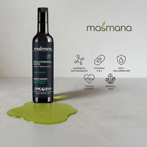 Masmana High-Polyphenol Extra Virgin Olive Oil – Early Harvest & Cold Pressed, Polyphenol-Rich EVOO from Ancient Mesopotamian Kilis Olive Groves, Premium 100% Pure Olive Oil, 250 mL (8.45 fl)