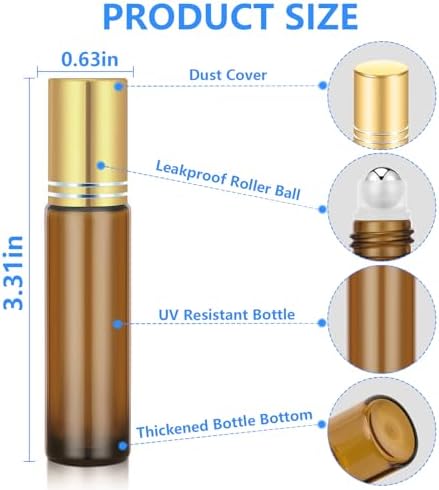 DTDNZKN 4 Pack of 0.34 Oz (10ml) Essential Oil Roller Bottles - Refillable, Leak-proof Amber Glass Roll-on Bottles with Stainless Steel Roller Balls, Metal Caps, and Labels Included