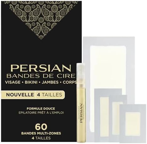 Persian Multi-Zone Cold Wax Strips | 4 Sizes, 60 Strips | Pre-Lined for Face, Legs, Body, Bikini & Underarms | Hair Removal Waxing Kit with Aftercare Oil | Easy, Ready-to-Use | All-Natural Ingredients