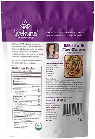LiveKuna Organic Quinoa Flour - Gluten Free All Purpose Flour & Wheat Flour Alternative For Baking & Cooking Recipes - Vegan Quinoa Flour, Rich In Protein & Fiber for Keto & Paleo Diets, 32oz Bag