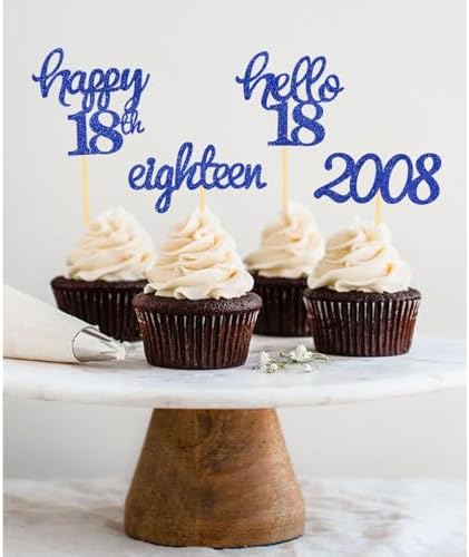 24 Pcs Glitter 18th Birthday Cupcake Toppers for Celebrating 18th Birthday Party Decorations for Eighteen Years Old Birthday Party Supplies (Blue2)