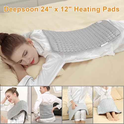 Deepsoon Heating Pad,Electric Heating Pads for Back,Neck,Abdomen,Moist Heating Pad for Shoulder,Knee,Arms,Legs,Dry/Moist Heat & Auto Shut Off,Christmas Gifts for Men and Women,Light Gray,24x12 Inch