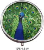 Peacock-Themed Personal Pill Organizer – Portable 3-Compartment Metal Mini Pill Storage Box for Vitamins & Medications