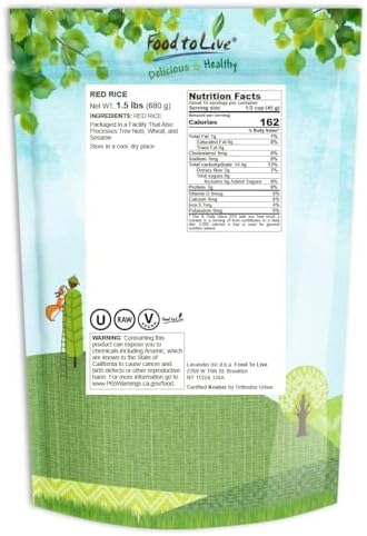 Food to Live Red Rice, 1.5 Pounds – Whole Rice, Nutty Flavor, Soft Texture, Non-Sticky, Vegan. Good Source of Protein and Antioxidants. Perfect for Pilafs, Salads, Stir-Fries and Rice Bowls