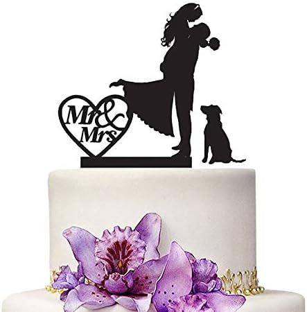 Mr And Mrs Wedding Cake Toppers Bride and Groom With Dog Black Color Acrylic Silhouette Wedding Party Engagement Decoration