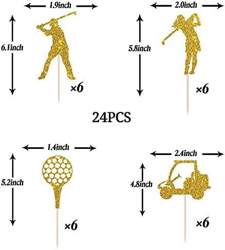 Gold Glitter Golf Cupcake Toppers, Golf Themed Baby Shower Birthday Retirement Cupcake Table Decorations Supplies, 24 Pcs