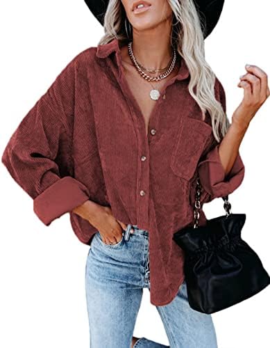 Memorose Womens Corduroy Button Down Shirts Casual Long Sleeve Shirt Jacket Boyfriend Oversized Shacket Jacket Blouses Tops