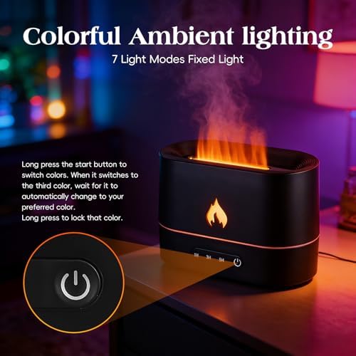 Essential Oil Diffuser, 250ml Humidifiers for Bedroom, Air Aroma Diffuser Humidifier with 7 Flame Colors, Quiet, Auto-Off Protection, 1H/3H/5H Timing, Cool Mist Humidifiers for Bedroom Home
