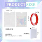 100PCS Press on Nail Packaging Bag and 100PCS White Cardboard Nail Tips Packaging Bags Empty Holographic Nail Storage Bags with 1 Roll Transparent Tape for Press on Nail Business (White, Short)