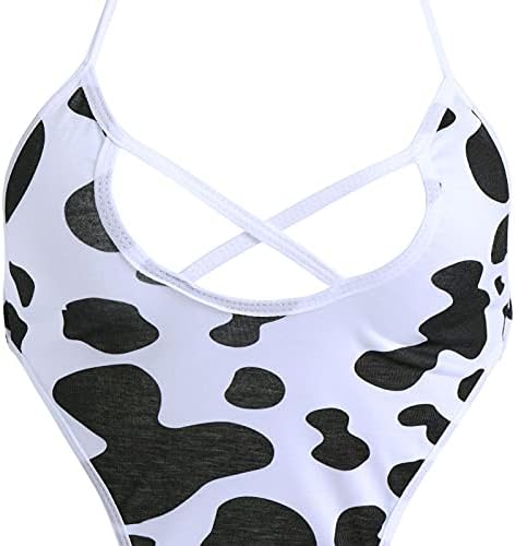 FYMNSI Women Sexy Milk Cow Lingerie Set Anime Maid Cosplay Costume Mini Bikini Bra Bodysuit with Bell Choker Stockings Outfit