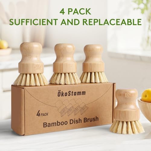 4 Pack Bamboo Dish Brush, Dish Scrubber Brush with Sisal Bristle, Natural Scrub Brush for Kitchen Cleaning Dishes, Pots, Pans, Bottles, Vegetables
