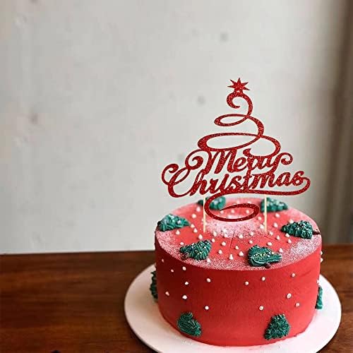 Merry Christmas Cake Topper Red Glitter Christmas Tree Topper Xmas Holiday Cake Picks for Christmas Party Birthday Wedding Decorations By GotGala
