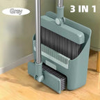 3 in 1 Broom and Dustpan Set with Adjustable Push Broom with 48.8“ Long Handle for Floor Sweeping Outdoor Indoor Sweeping Combo for Home & Kitchen (Green)