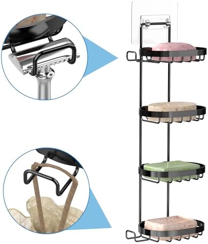 MASADI 4 Tier Soap Dish Holder, Soap Bar Holder with Hooks, Shampoo Bar Caddy for Shower Wall, Razor Holder for Shower, Bar Soap Container 304 Stainless Steel, Bathroom(Black)