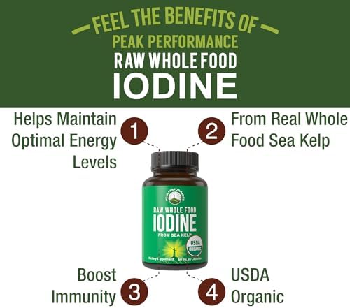 USDA Organic Raw Whole Food Iodine Supplement from Kelp (Ascophyllum Nodosum) - Potassium Iodide Tablets Alternative - for Thyroid, Energy, and Immune Support - 60 Vegan Capsules by Peak Performance