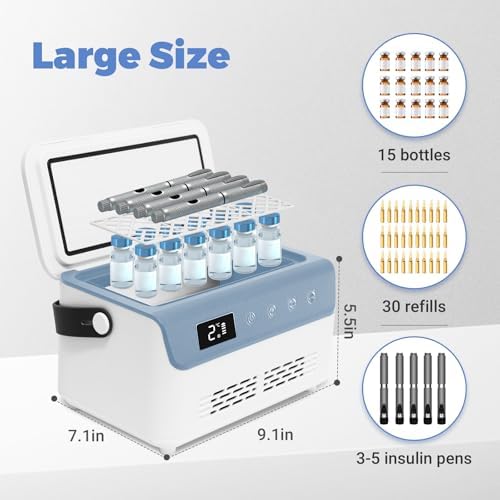 Electric Insulin Cooler Travel Case Box, Mini Insulin Fridge, Portable Insulin Refrigerator Diabetic Cooler Box for 4-5 Pens, 2-18℃ Temperature Control, with Handle, Power Supply, Rechargeable Battery