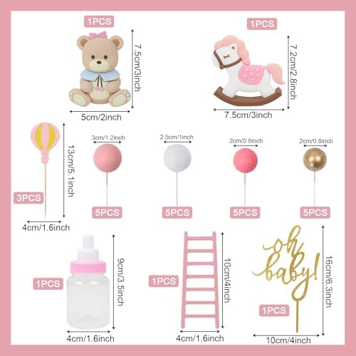 28PCS Bear Cake Toppers - Mini 3D Blue Bear Rocking Horse Milk Bottle White Silver Balls Oh Baby Cake Decorations for Boys Baby Shower Birthday Party (Pink)