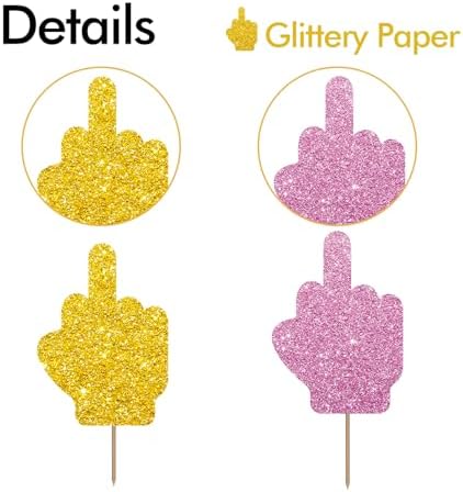 24PCS Middle Finger Cupcake Toppers, Divorce Party Cake Decorations, Funny Dessert Dessert Picks, Women Birthday Party Decoration - Pink & Gold Glitter