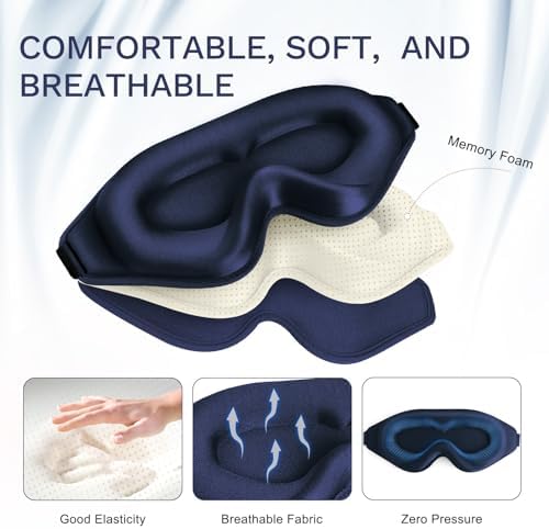 99% Fully Block Out Light Eye Sleep Mask, 3D Deep Contoured Eyes Cover Zero Pressure, Long Lash Extension Eyes Mask with Adjustable Straps for Sleeping Travel Home Nap Rest Women Men (Dark Blue)