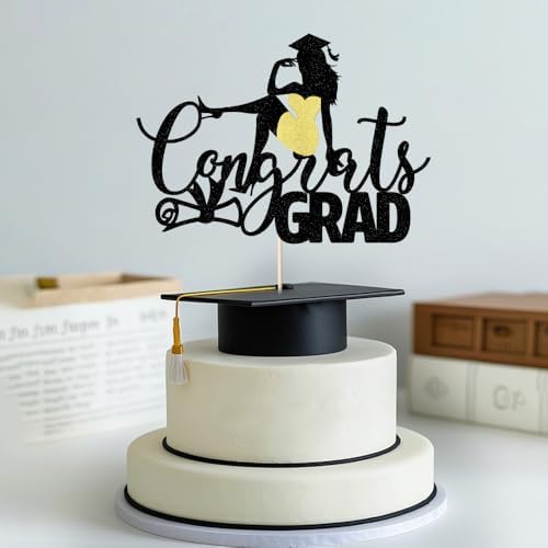 Congrats Grad Cake Topper 2025 Congrats Grad Cake Decor 2025 High School/College/Senior Graduation Party Decorations Supplies (girl, Black and red)