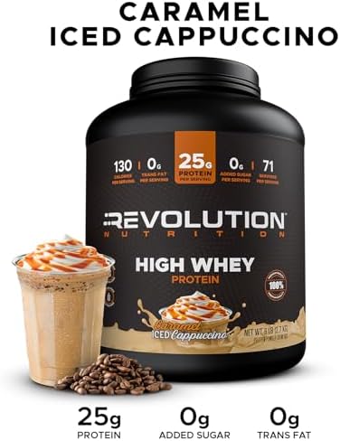 Revolution Nutrition, High Whey, Protein Powder 6LB, Whey Isolate, Gluten Free, Lean Muscle Mass for Men & Women, 25g of Protein Per Scoop, 2.7kg, 73 Servings (Caramel Iced Cappuccino, 6 Pound)