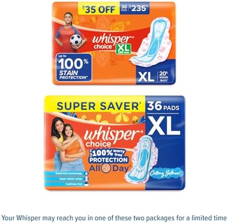 Whisper Choice Sanitary Pads, 36 XL Pads, Upto 100% Stain Protection All Day, Longer Length for Better Coverage, 20% Wider Back, Dry Top Sheet, with Wings