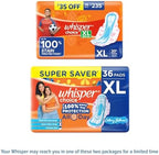 Whisper Choice Sanitary Pads, 36 XL Pads, Upto 100% Stain Protection All Day, Longer Length for Better Coverage, 20% Wider Back, Dry Top Sheet, with Wings