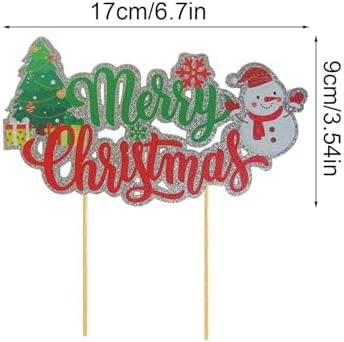 Merry Christmas Cake Topper,Snowman Theme Christmas Holiday Party Supplies,Red & Green Glitter Cake Decorations,Winter Holiday Cake Picks