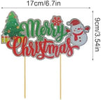 Merry Christmas Cake Topper,Snowman Theme Christmas Holiday Party Supplies,Red & Green Glitter Cake Decorations,Winter Holiday Cake Picks