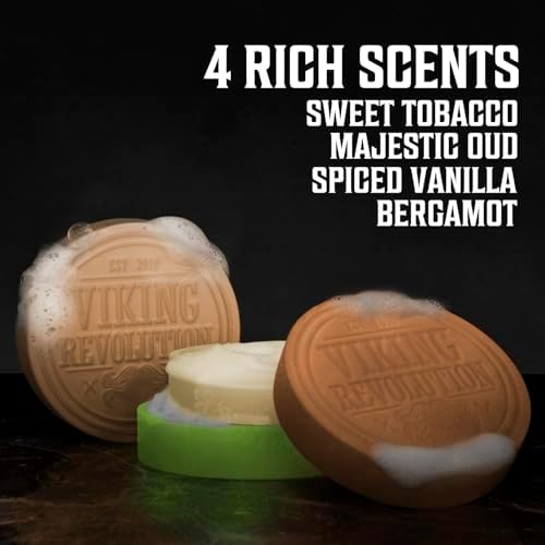 Viking Revolution Shaving Soap for Men - Shave Soap for Use with Shaving Brush and Bowl for Smoothest Wet Shave, Shaving Soap Puck - 4 Pack Variety, Each Pack 2.5oz (Vanilla, Bergamot, Tobacco, Oud)