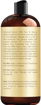 Handcraft Blends USDA Organic Sunflower Oil - Cold-Pressed 16 Fl Oz - 100% Pure and Natural - Premium Grade Carrier Oil for Skin and Hair - Hair and Body - Massage - Hexane-Free