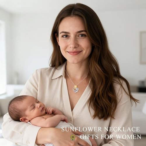 Iefil Gifts for New Mom - 925 Sterling Silver Sunflower Birthstone Necklace for Women, Birthday First Mothers Day Gifts for New Mom, Womens Jewelry