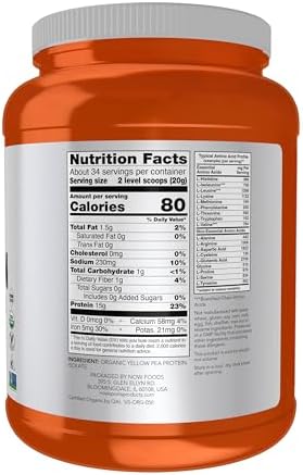 NOW Foods Sports Nutrition, Certified Organic Pea Protein 15 Grams, Unflavored Powder, 1.5-Pound
