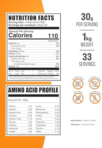 BulkSupplements.com Casein Protein Powder - Micellar Casein Powder, Slow Digesting Protein - Unflavored & Gluten Free, 30g per Serving, 1kg (2.2 lbs) (Pack of 1)