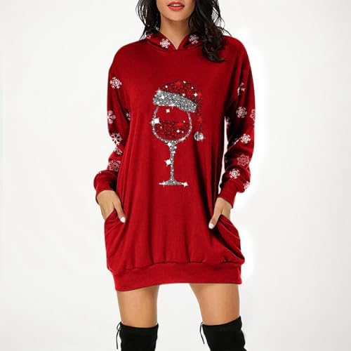 Womens Christmas Hoodie Dress Xmas Shine Wine Glass Snowflakes Print Long Sleeve Casual Loose Sweatshirt Dresses
