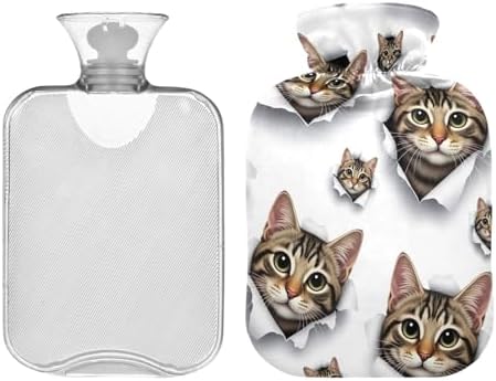 Cute Cat Eyes White Hot Water Bottles with Velvet Cover Hot Water Bag for Hot and Cold Compress Medium