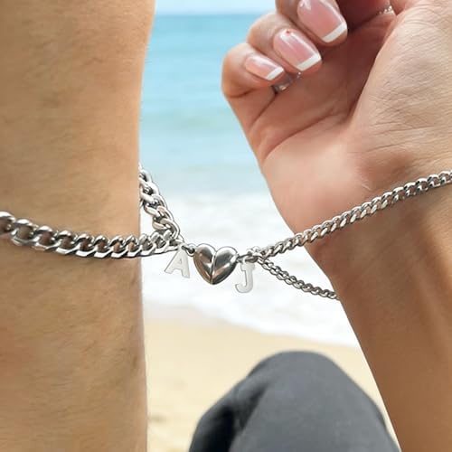 Magnet Couple Bracelet for Women Men A-Z Initial Silver Bracelet Stainless Steel Cuban Link Chain Adjustable Valentines Day Gifts for Him Her