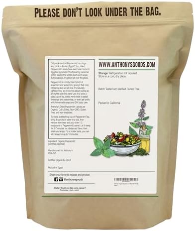 Anthony's Organic Peppermint Leaves, 1 lb, Gluten Free, Non GMO, Cut & Sifted, Keto Friendly