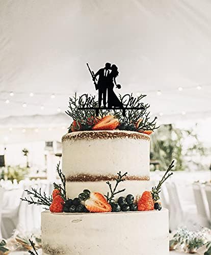 Mr and Mrs Wedding Cake Topper - Groom & Bride With Heavy Gun and Holding Flowers - Funny Gun Theme Anniversary/Bridal Shower Cake Topper, Funny Wedding Cake Decor(Heavy Gun)