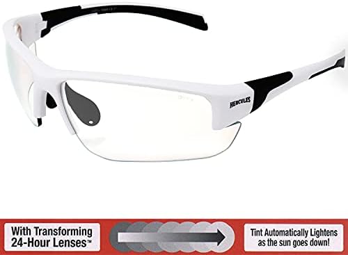 Global Vision Hercules 7 24-Hour Safety Sunglasses Photochromic w/Black Zipper Case and Microfiber Pouch White Frame Clear to Smoke Lens