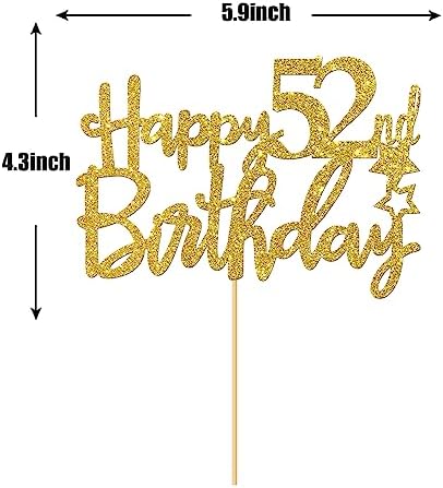 Gold Glitter Happy 52nd Birthday Cake Topper - 52 Sign Cake Topper - Cheers to 52 Years Party Supplies - 52nd Birthday Party Decoration