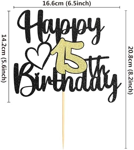 Sumerk 1 PC Happy 15th Birthday Cake Topper Gold Happy Birthday Cake Decorations for Women Men 15th Birthday Cake Toppers Cake Decoration for Birthday Anniversary Party