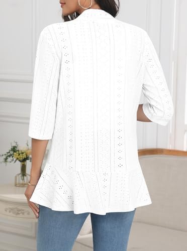 Askyes Women Cardigan 3/4 Sleeves Open Front Lightweight Soft Netted Knit Draped Ruffles Cardigan Kimono Cover Ups