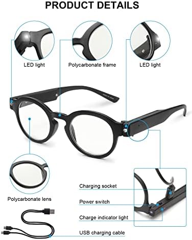 OKH Lighted Up Reading Glasses Rechargeable Bright LED Readers with Rechargeable Lights for Women Men