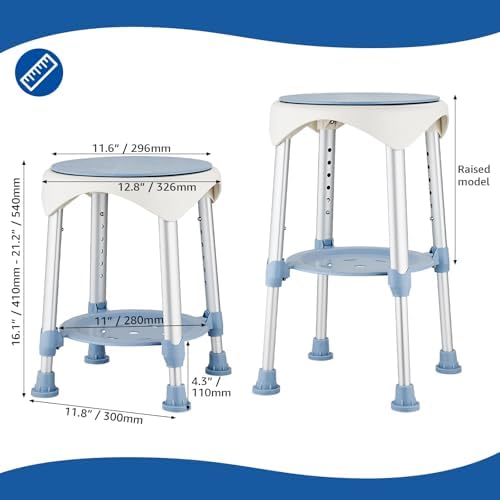 Shower Stool Chair for Inside Shower, Upgrade Small Corner Plastic Stool for Seniors Adult, 360° Swivel Shower Seat Stool for Bathroom, 6-Level Adjustable Height Bath Chair with Shelf
